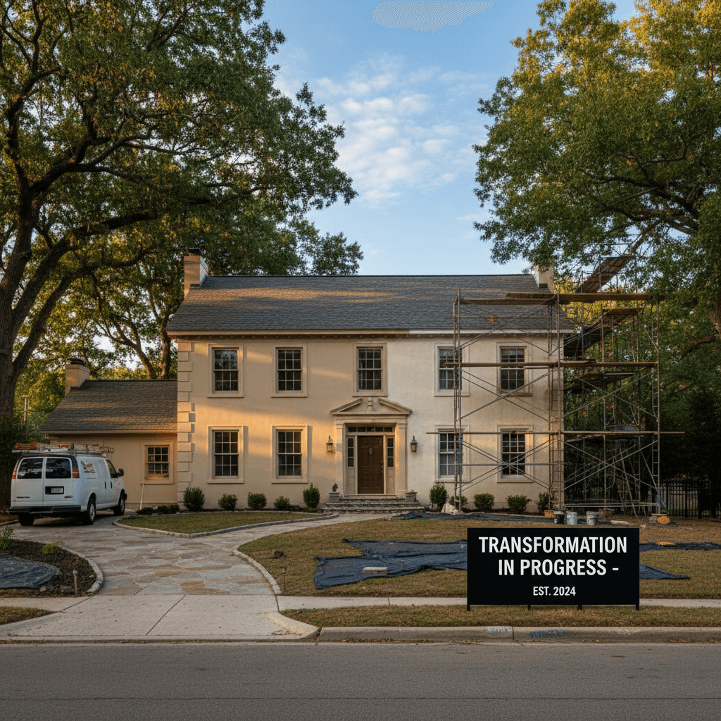 Two-story colonial home exterior painting project in progress