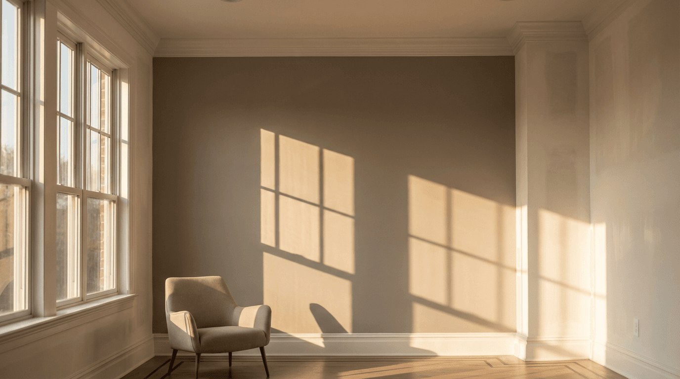 Two-story home with gray exterior paint and white trim details