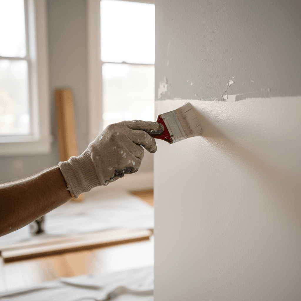 Painter on scaffolding completing upper exterior wall painting