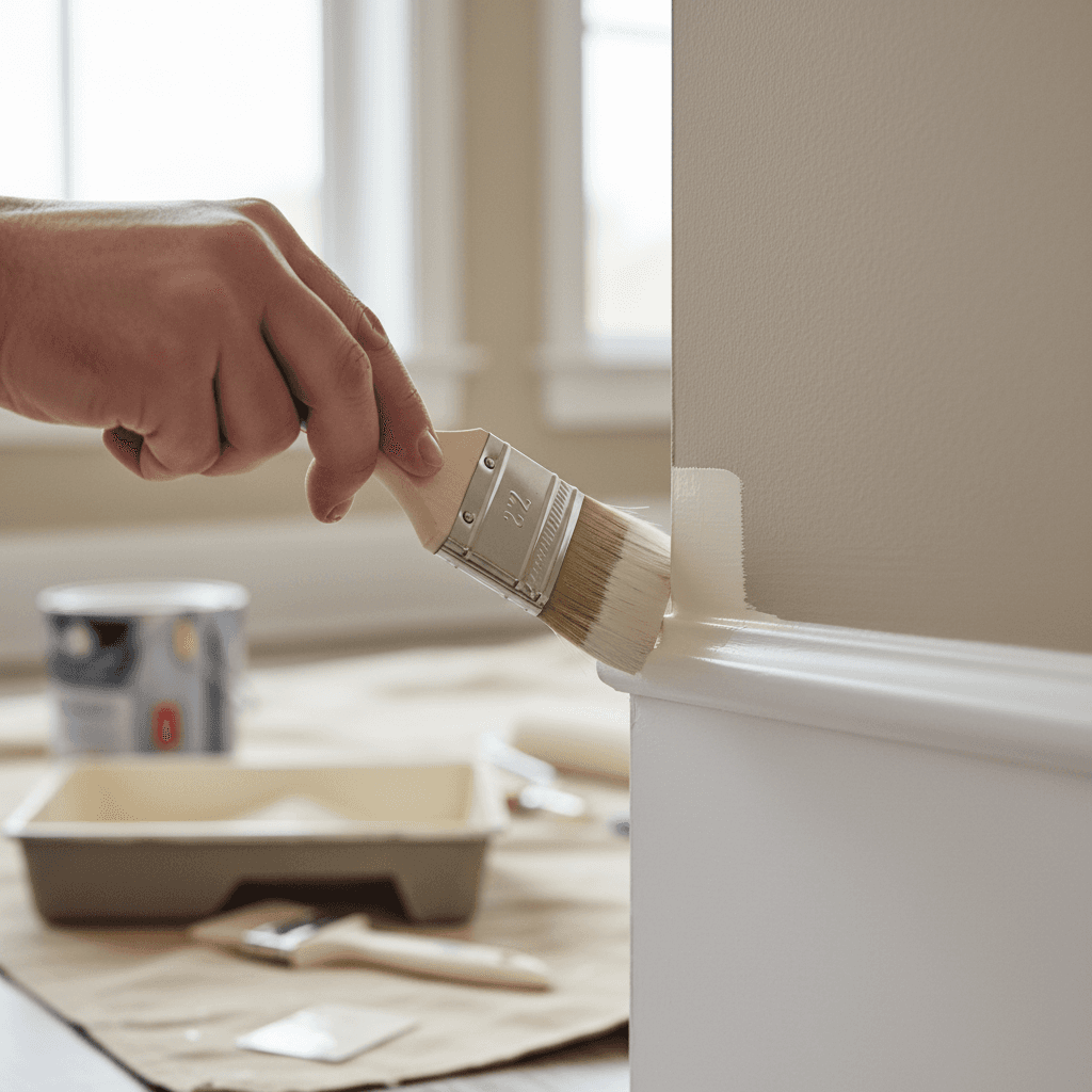 Detail of precision paint line on wooden trim and wall