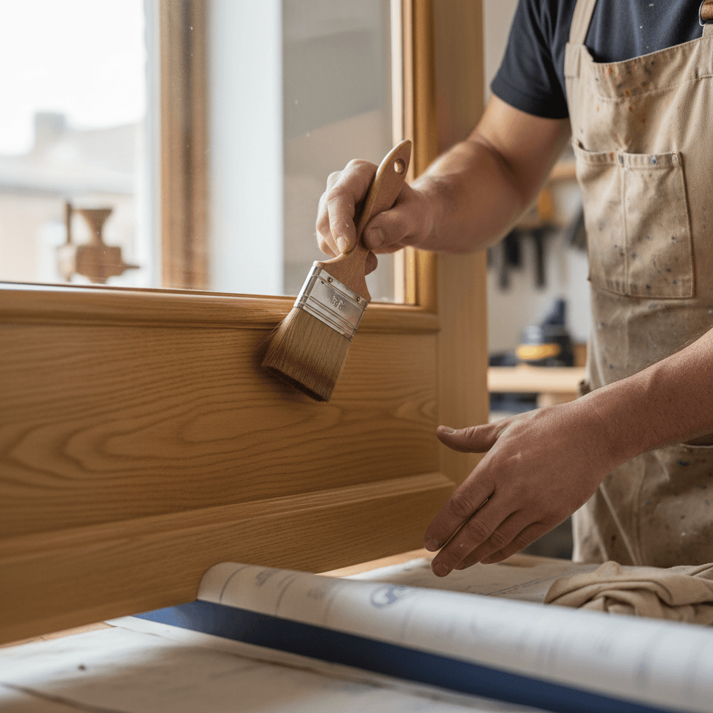 Painter applying exterior paint with professional brush technique