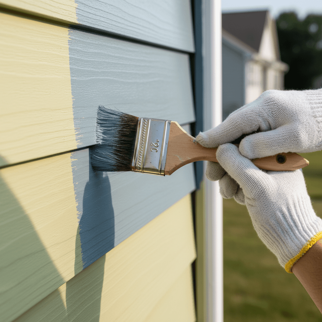 Professional exterior painter applying fresh paint to residential home siding